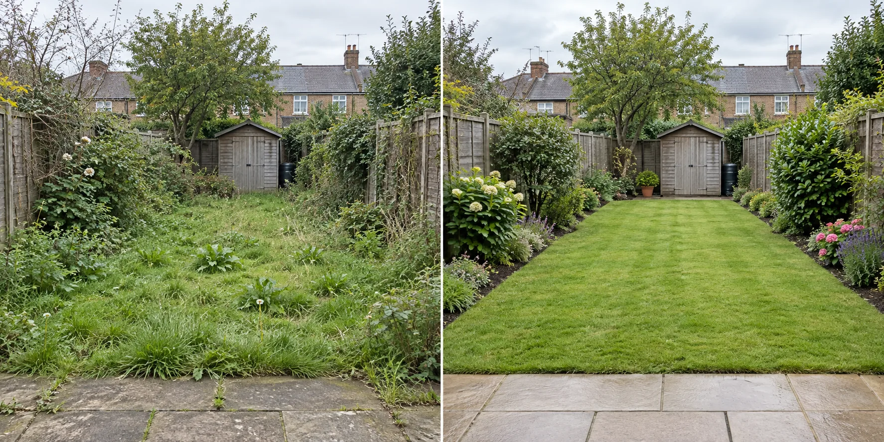 Overgrown British back garden before professional clearance