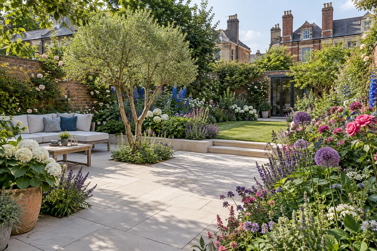 Colourful renovated Bristol garden with a modern stone terrace