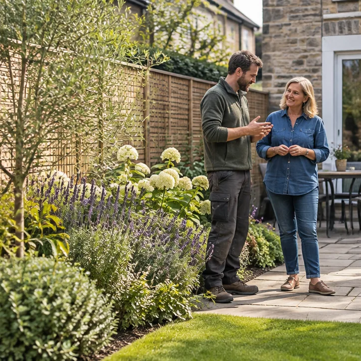 Gardener discussing completed work with a Bristol homeowner