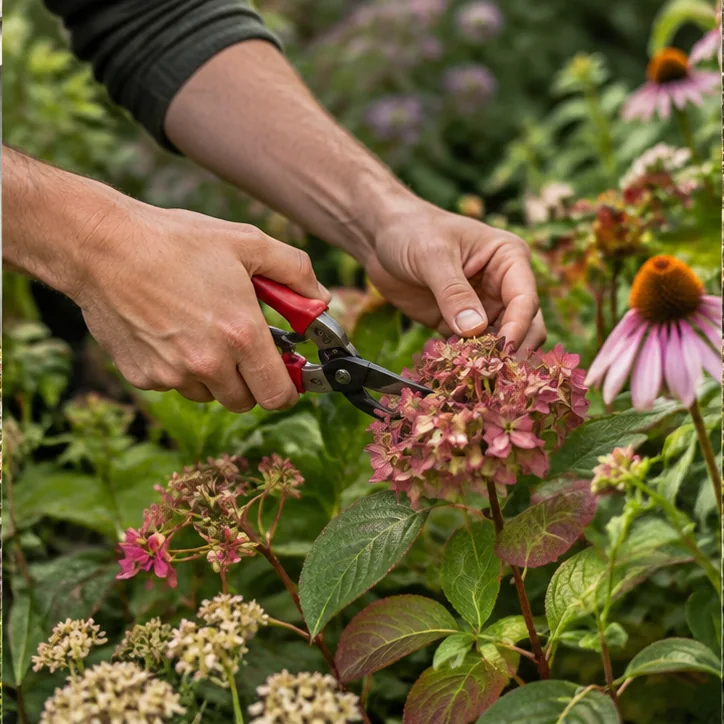 Careful pruning in a colourful British border