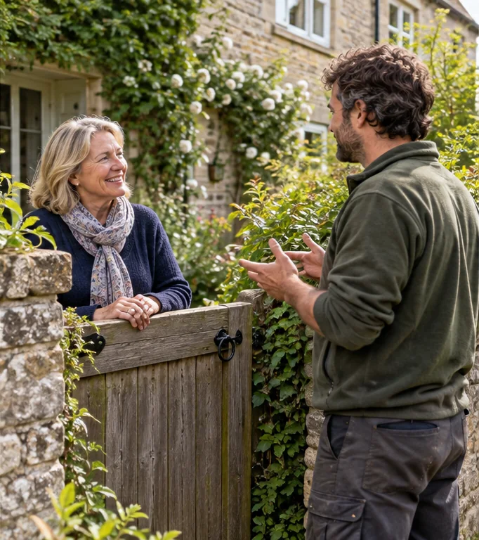 Gardener discussing work with a homeowner at the garden gate