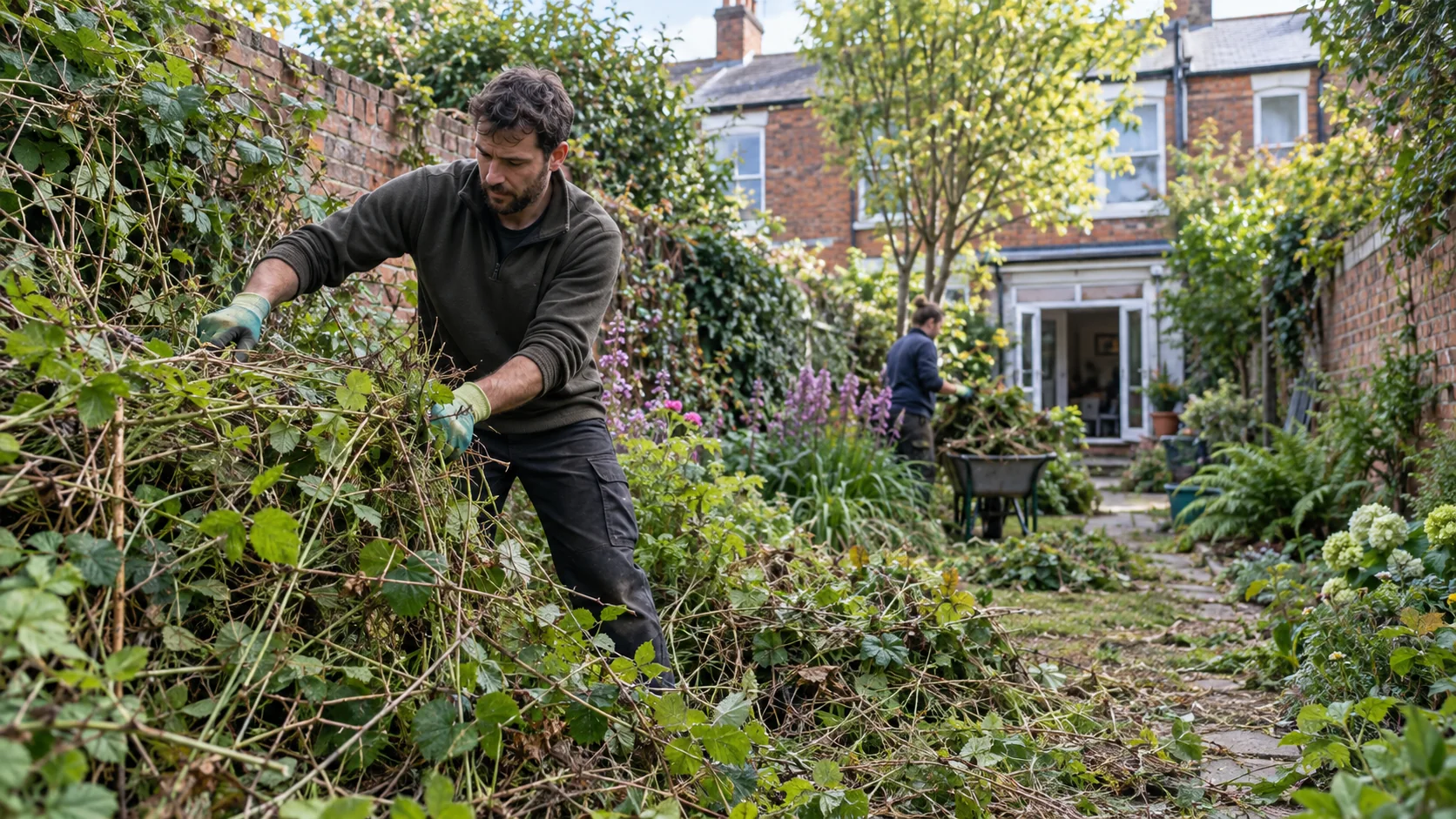 Professional gardener trimming a hedge at a British home