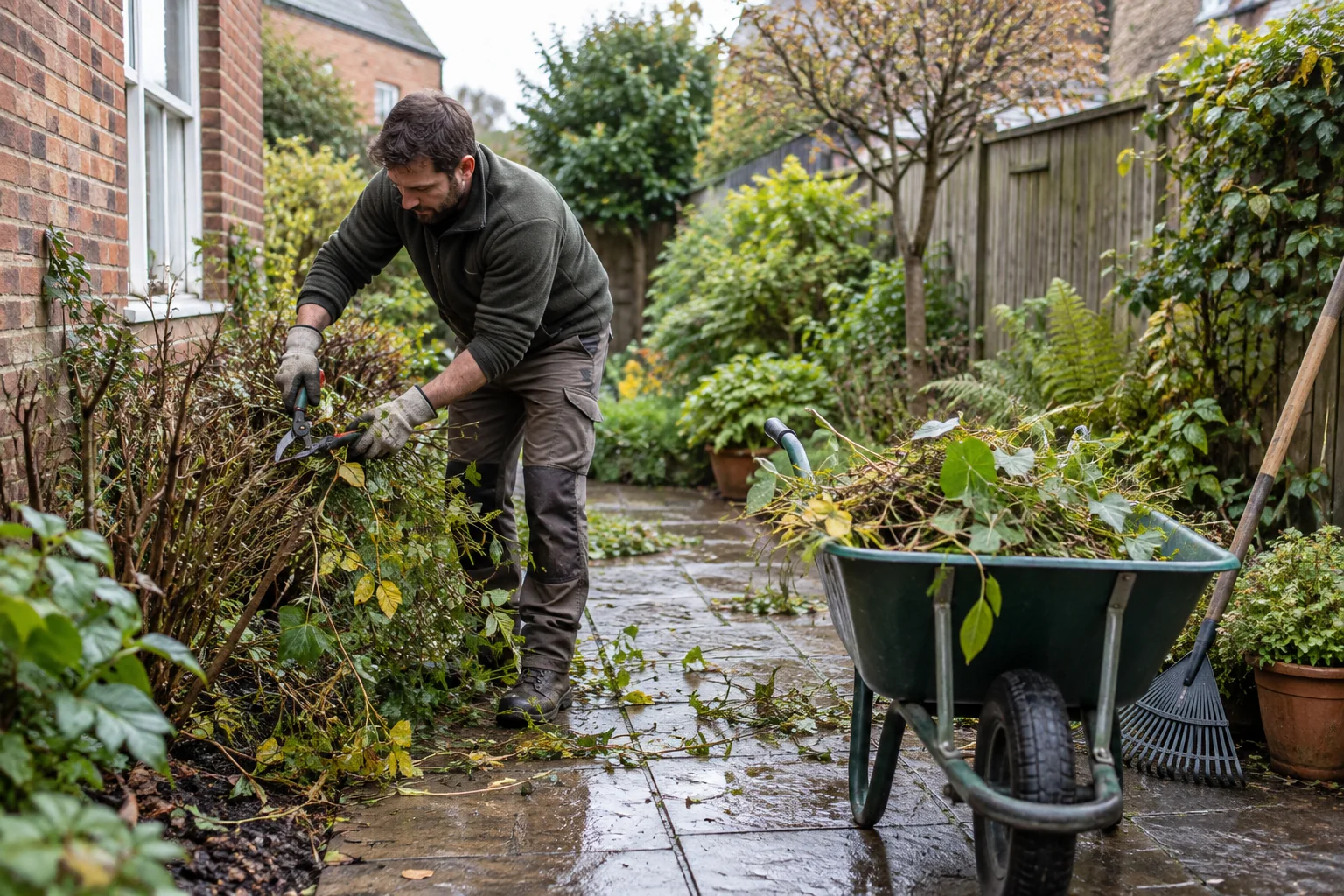 Gardener carrying out garden clean up carefully
