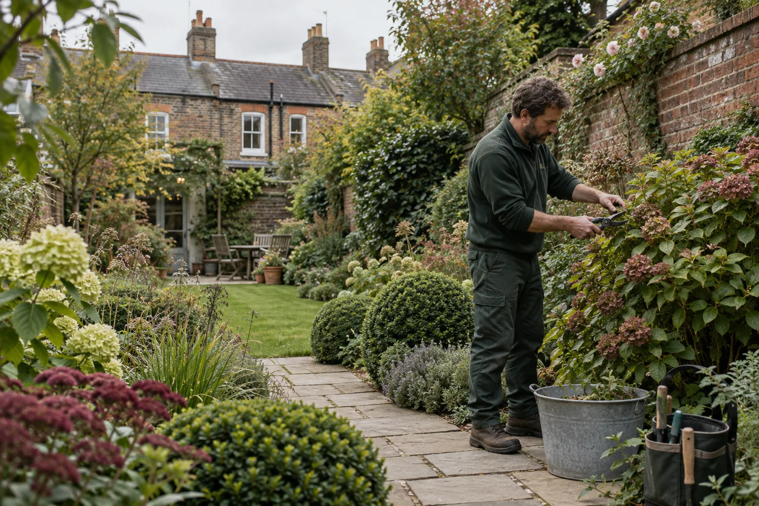 Gardener carrying out professional garden maintenance at a British home
