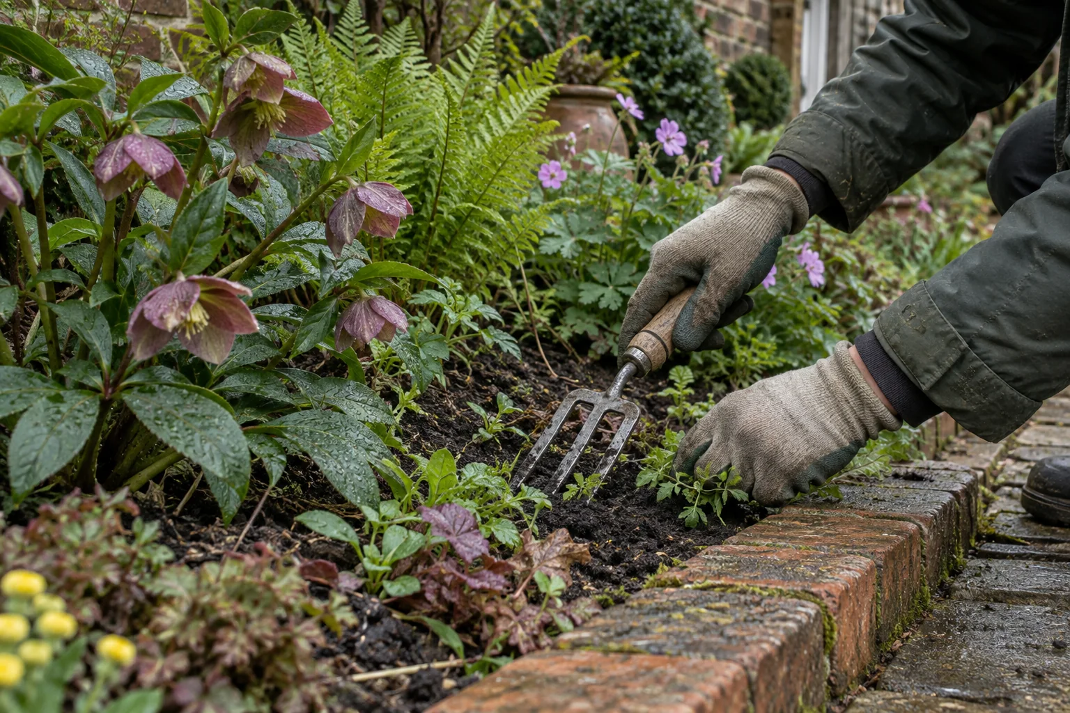 Gardener carefully tending plants