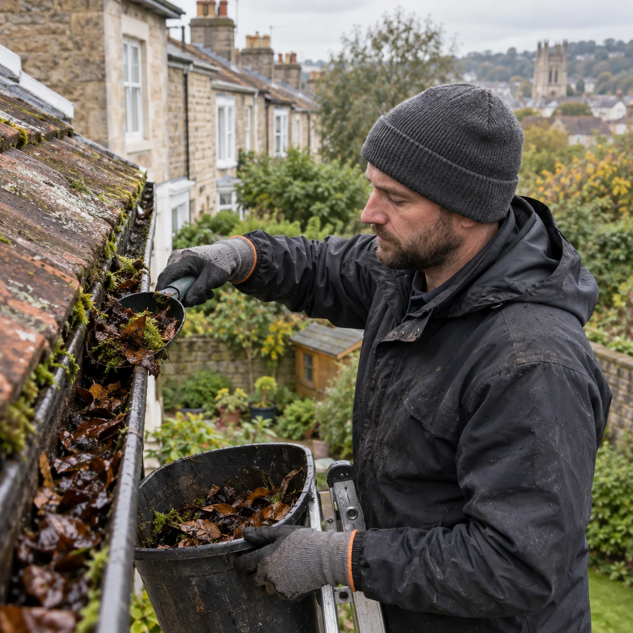 Gloved gardener scooping leaves and moss from a Bristol house gutter into a bucket