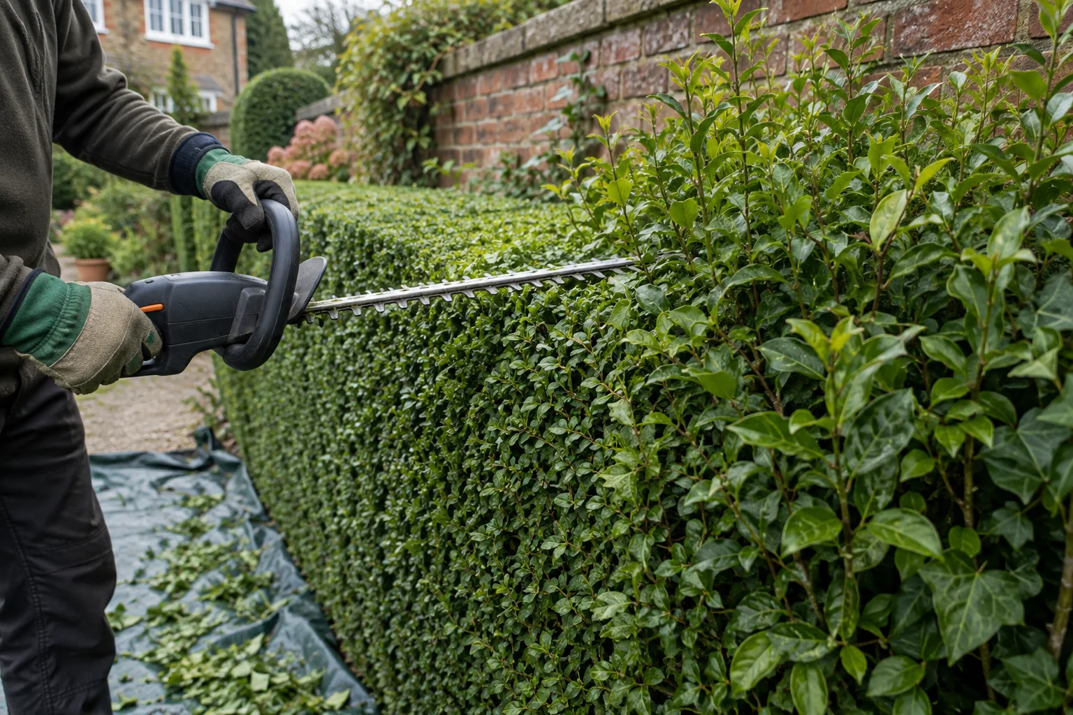 Gardener carrying out hedge trimming carefully