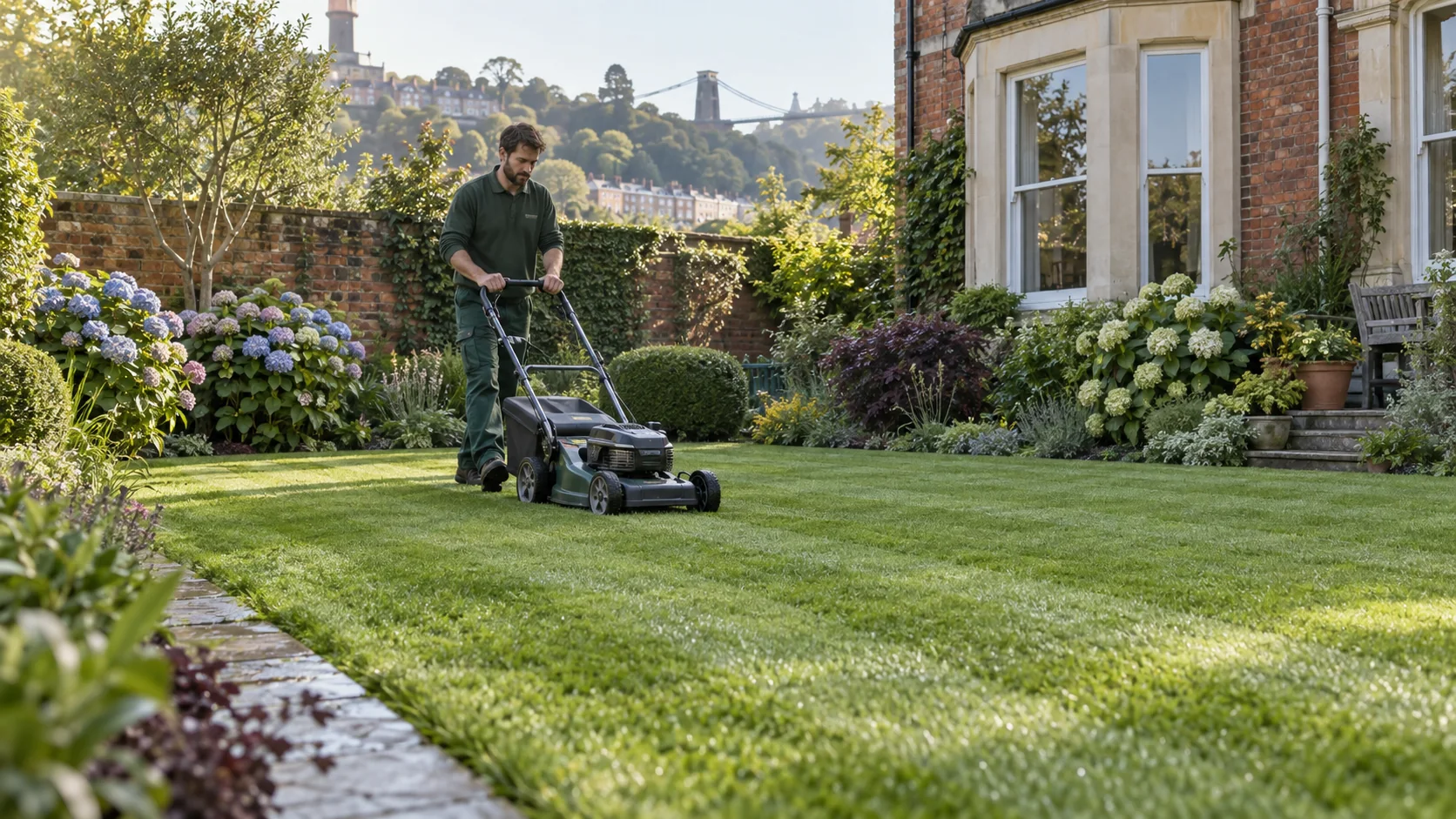 Professional gardener mowing a striped English lawn