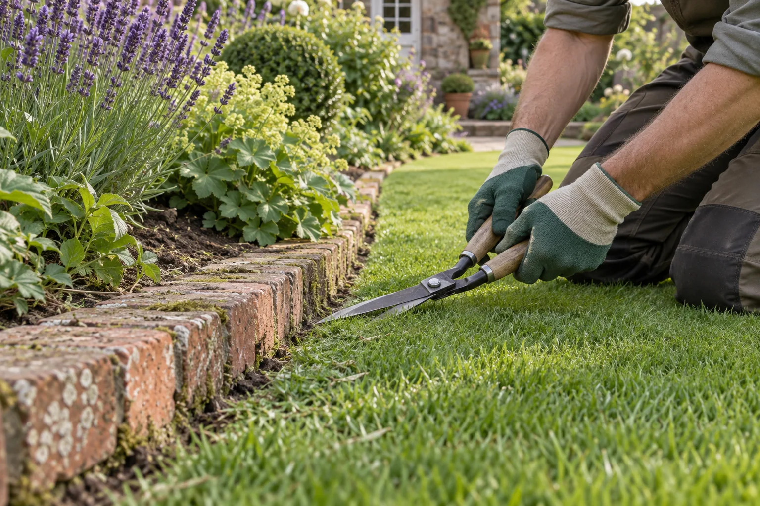 Gardener carrying out lawn mowing carefully