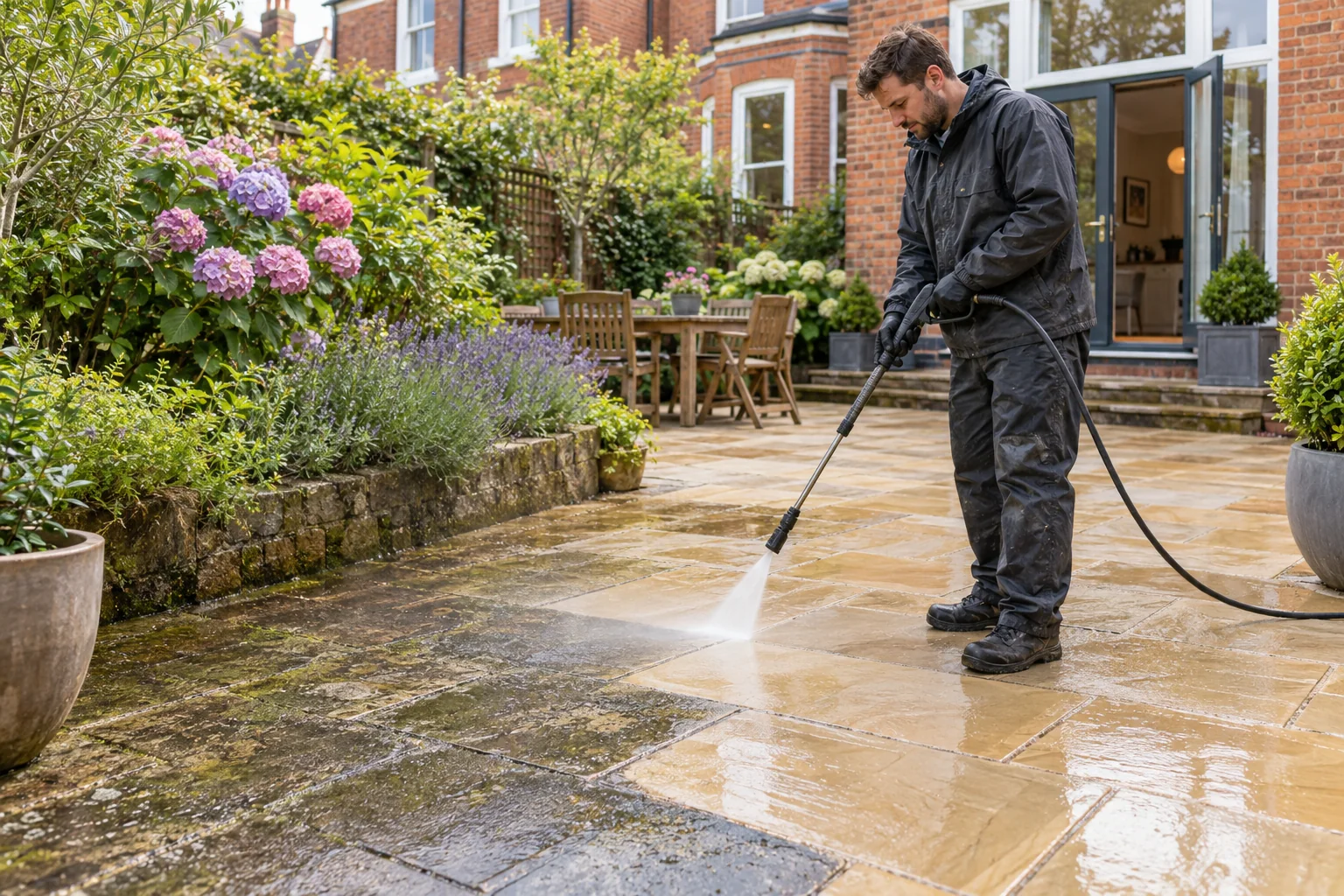 Professional pressure washing a stone garden patio