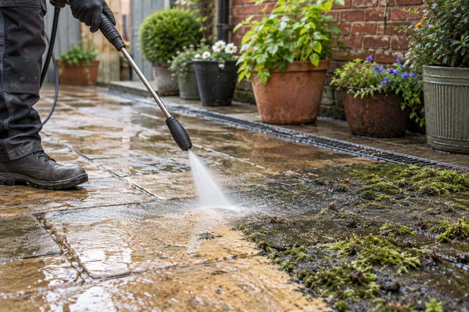Gardener carrying out patio cleaning carefully