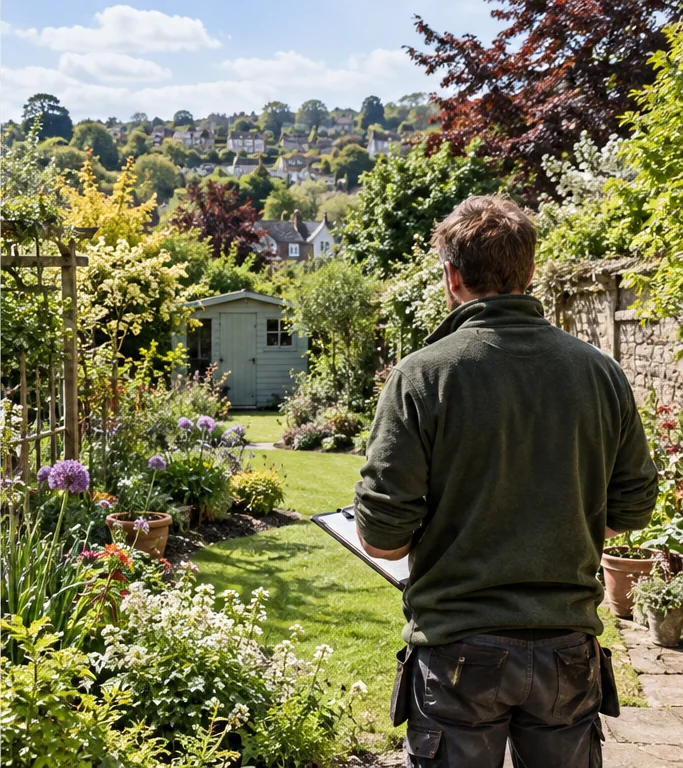 Gardener surveying a colourful garden before pricing