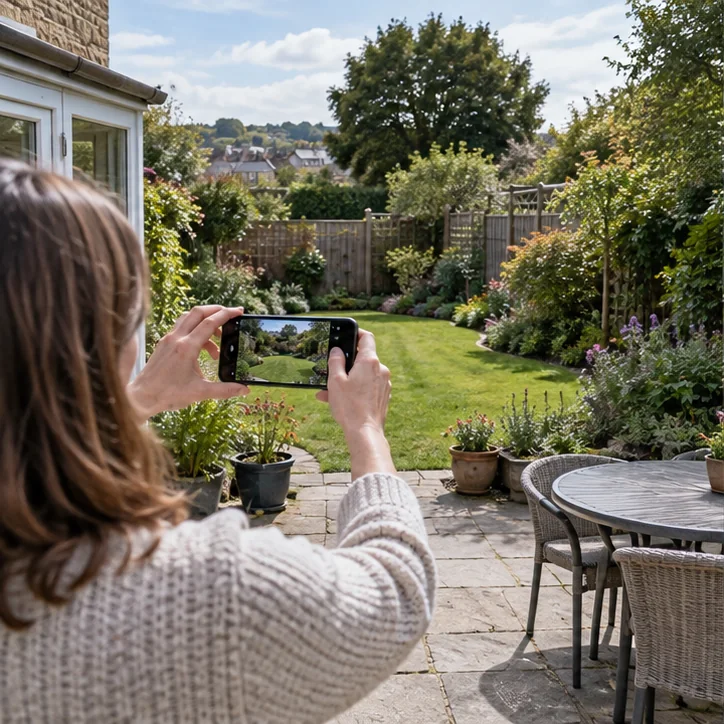 Professional gardener reviewing a customer's garden by smartphone