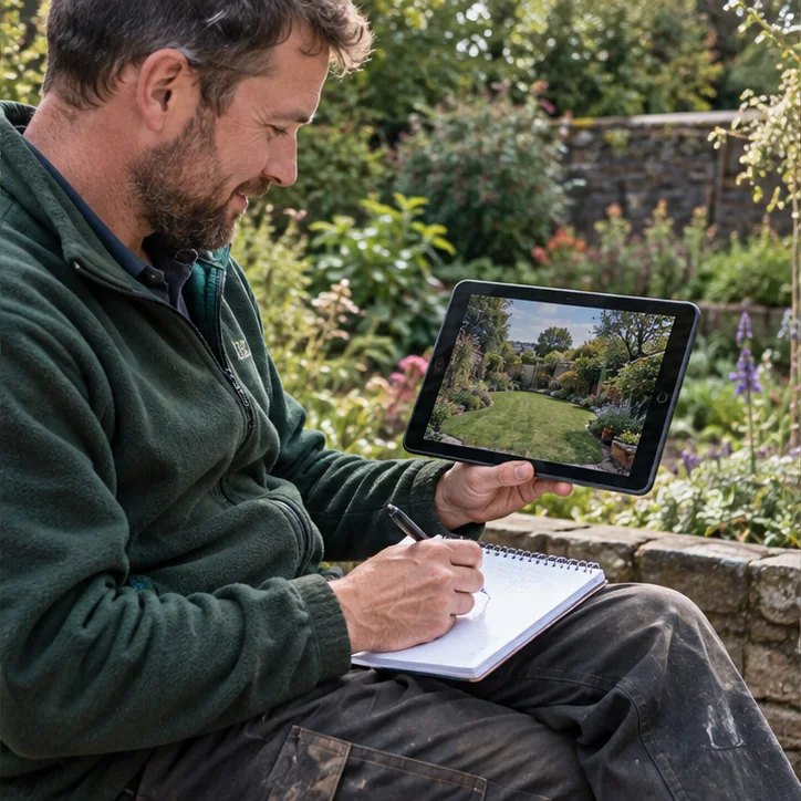 Gardener carrying out video survey carefully